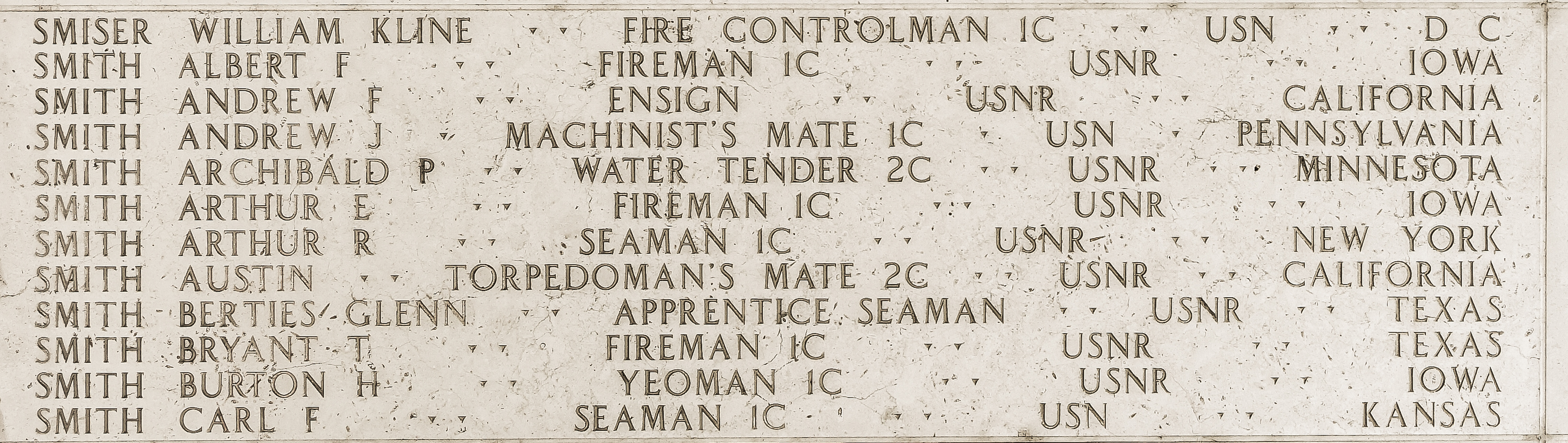 William Kline Smiser, Fire Controlman First Class